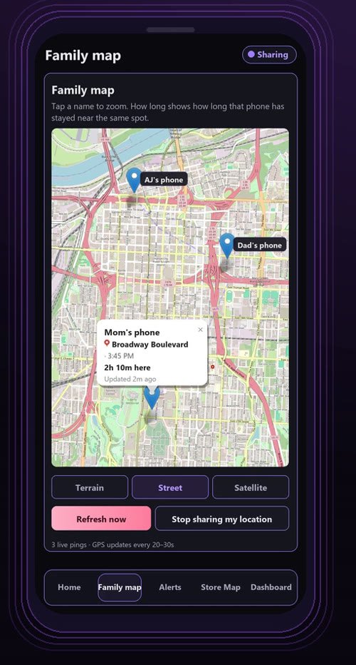 The Aura Family Companion family map — live family phones with a note showing how long one has stayed in the same spot